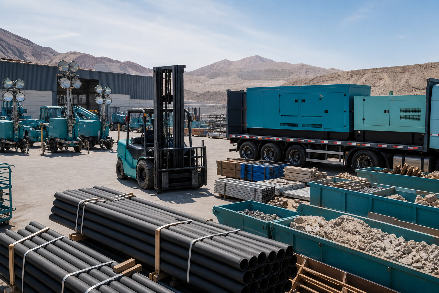 Patio operativo con equipos, materiales y apoyo logístico organizado.